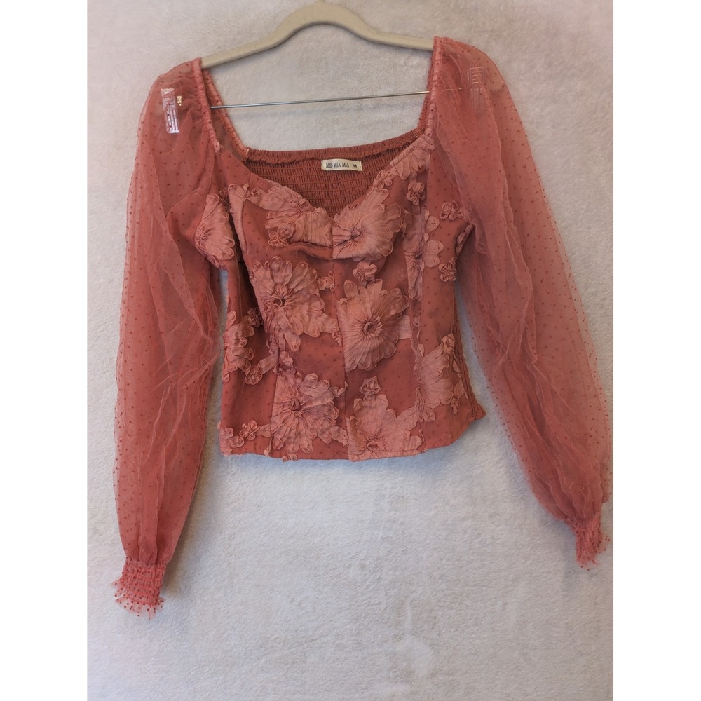 Miss Mia Mia 3D Floral Mesh Blouse‎ Women's Medium Terracotta Swiss Dot Smocked